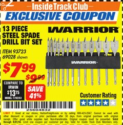 Harbor Freight ITC Coupon 13 PIECE STEEL SPADE DRILL BIT SET Lot No. 69028/93723 Expired: 8/31/18 - $7.99