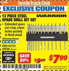 Harbor Freight ITC Coupon 13 PIECE STEEL SPADE DRILL BIT SET Lot No. 69028/93723 Expired: 6/30/20 - $7.99