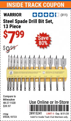 Harbor Freight ITC Coupon 13 PIECE STEEL SPADE DRILL BIT SET Lot No. 69028/93723 Expired: 8/31/20 - $7.99