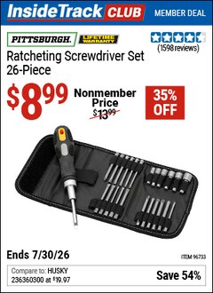 Harbor Freight ITC Coupon PITTSBURGH RATCHETING SCREWDRIVER SET, 26-PIECE Lot No. 96733 Valid Thru: 7/30/26 - $8.99