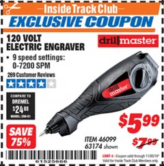 Harbor Freight ITC Coupon 120 VOLT ELECTRIC ENGRAVER Lot No. 46099/63174 Expired: 11/30/19 - $5.99