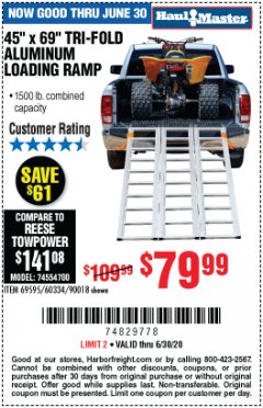 Harbor Freight Coupon SUPER-WIDE TRI-FOLD ALUMINUM LOADING RAMP Lot No. 90018/69595/60334 Expired: 6/30/20 - $79.99