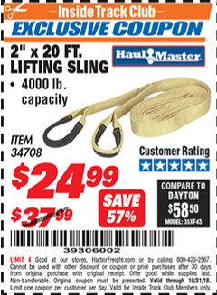 Harbor Freight ITC Coupon 2" x 20 FT. WEB LIFTING SLING Lot No. 34708 Expired: 10/31/18 - $24.99