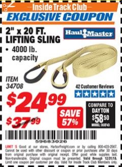 Harbor Freight ITC Coupon 2" x 20 FT. WEB LIFTING SLING Lot No. 34708 Expired: 12/31/18 - $24.99