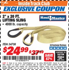 Harbor Freight ITC Coupon 2" x 20 FT. WEB LIFTING SLING Lot No. 34708 Expired: 2/28/19 - $24.99