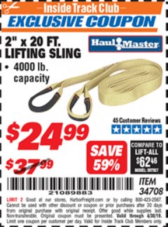Harbor Freight ITC Coupon 2" x 20 FT. WEB LIFTING SLING Lot No. 34708 Expired: 4/30/19 - $24.99