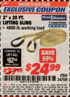 Harbor Freight ITC Coupon 2" x 20 FT. WEB LIFTING SLING Lot No. 34708 Expired: 7/31/19 - $24.99