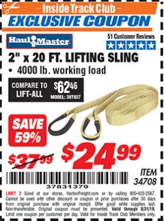 Harbor Freight ITC Coupon 2" x 20 FT. WEB LIFTING SLING Lot No. 34708 Expired: 8/31/19 - $24.99