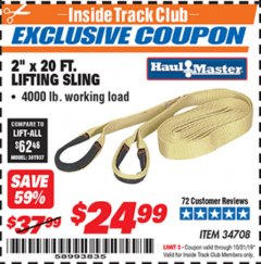 Harbor Freight ITC Coupon 2" x 20 FT. WEB LIFTING SLING Lot No. 34708 Expired: 10/31/19 - $24.99