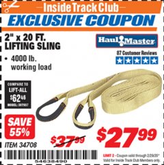 Harbor Freight ITC Coupon 2" x 20 FT. WEB LIFTING SLING Lot No. 34708 Expired: 2/29/20 - $27.99
