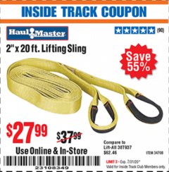 Harbor Freight ITC Coupon 2" x 20 FT. WEB LIFTING SLING Lot No. 34708 Expired: 7/31/20 - $27.99