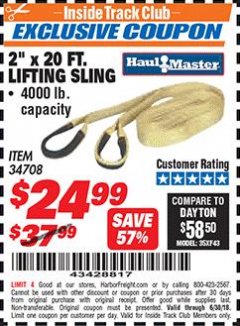 Harbor Freight ITC Coupon 2" x 20 FT. WEB LIFTING SLING Lot No. 34708 Expired: 6/30/18 - $24.99