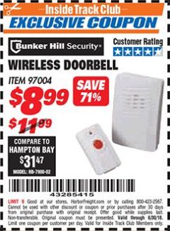 Harbor Freight ITC Coupon WIRELESS DOORBELL Lot No. 97004 Expired: 6/30/18 - $8.99