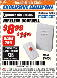 Harbor Freight ITC Coupon WIRELESS DOORBELL Lot No. 97004 Expired: 8/31/18 - $8.99