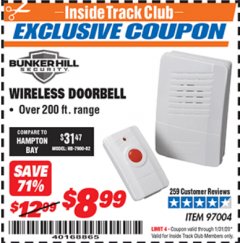 Harbor Freight ITC Coupon WIRELESS DOORBELL Lot No. 97004 Expired: 1/31/20 - $8.99