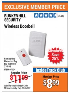 Harbor Freight ITC Coupon WIRELESS DOORBELL Lot No. 97004 Expired: 12/3/20 - $8.99