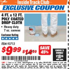 Harbor Freight ITC Coupon 4 FT. x 12 FT. POLY COATED DROP CLOTH Lot No. 93713 Expired: 5/31/18 - $9.99