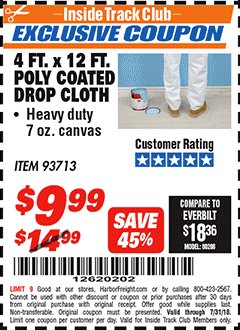Harbor Freight ITC Coupon 4 FT. x 12 FT. POLY COATED DROP CLOTH Lot No. 93713 Expired: 7/31/18 - $9.99