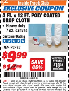 Harbor Freight ITC Coupon 4 FT. x 12 FT. POLY COATED DROP CLOTH Lot No. 93713 Expired: 10/31/18 - $9.99