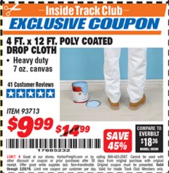 Harbor Freight ITC Coupon 4 FT. x 12 FT. POLY COATED DROP CLOTH Lot No. 93713 Expired: 2/28/19 - $9.99