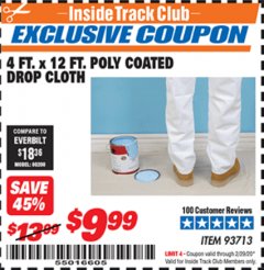 Harbor Freight ITC Coupon 4 FT. x 12 FT. POLY COATED DROP CLOTH Lot No. 93713 Expired: 2/29/20 - $9.99