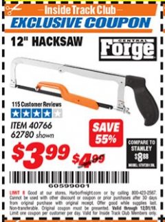Harbor Freight ITC Coupon 12" HACKSAW Lot No. 40766/62780 Expired: 12/31/18 - $3.99