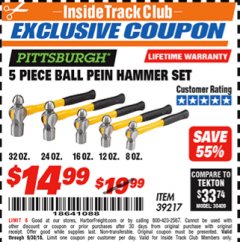 Harbor Freight ITC Coupon 5 PIECE BALL PEIN HAMMER SET Lot No. 39217 Expired: 9/30/18 - $14.99