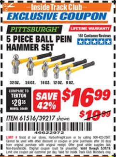Harbor Freight ITC Coupon 5 PIECE BALL PEIN HAMMER SET Lot No. 39217 Expired: 5/31/19 - $16.99