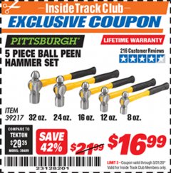 Harbor Freight ITC Coupon 5 PIECE BALL PEIN HAMMER SET Lot No. 39217 Expired: 3/31/20 - $16.99