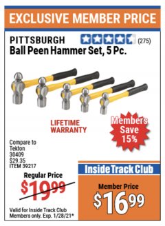 Harbor Freight ITC Coupon 5 PIECE BALL PEIN HAMMER SET Lot No. 39217 Expired: 1/28/21 - $16.99