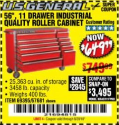 Harbor Freight Coupon 56", 11 DRAWER INDUSTRIAL QUALITY ROLLER CABINET Lot No. 67681/69395/62499 Expired: 8/6/18 - $649.99