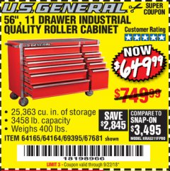 Harbor Freight Coupon 56", 11 DRAWER INDUSTRIAL QUALITY ROLLER CABINET Lot No. 67681/69395/62499 Expired: 9/22/18 - $649.99
