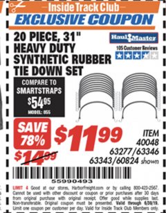 Harbor Freight ITC Coupon 31" HEAVY DUTY SYNTHETIC RUBBER TIE DOWN SET PACK OF 20 Lot No. 40048/60824/63343/63277 Expired: 6/30/19 - $11.99