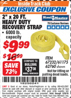 Harbor Freight ITC Coupon 2" X 20 FT. HEAVY DUTY RECOVERY STRAP Lot No. 67232/61175/62760 Expired: 2/28/19 - $9.99