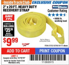 Harbor Freight ITC Coupon 2" X 20 FT. HEAVY DUTY RECOVERY STRAP Lot No. 67232/61175/62760 Expired: 12/18/19 - $9.99