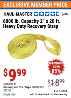 Harbor Freight ITC Coupon 2" X 20 FT. HEAVY DUTY RECOVERY STRAP Lot No. 67232/61175/62760 Expired: 9/30/20 - $9.99