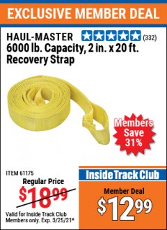 Harbor Freight ITC Coupon 2" X 20 FT. HEAVY DUTY RECOVERY STRAP Lot No. 67232/61175/62760 Expired: 3/25/21 - $12.99