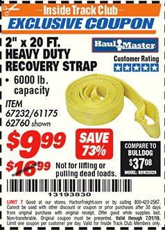 Harbor Freight ITC Coupon 2" X 20 FT. HEAVY DUTY RECOVERY STRAP Lot No. 67232/61175/62760 Expired: 7/31/18 - $9.99