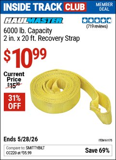 Harbor Freight Coupon HAUL-MASTER 6000 LB. CAPACITY, 2 IN. X 20 FT. RECOVERY STRAP Lot No. 61175 Valid: 12/31/69 - 5/28/26 - $10.99