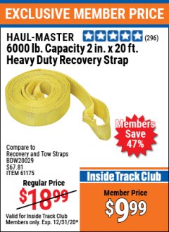 Harbor Freight ITC Coupon 2" X 20 FT. HEAVY DUTY RECOVERY STRAP Lot No. 67232/61175/62760 Expired: 12/31/20 - $9.99