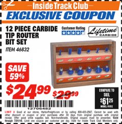Harbor Freight ITC Coupon 12 PIECE CARBIDE TIP ROUTER BITS Lot No. 46832 Expired: 7/31/18 - $24.99