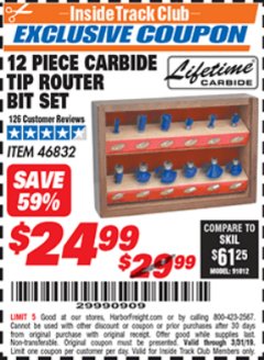 Harbor Freight ITC Coupon 12 PIECE CARBIDE TIP ROUTER BITS Lot No. 46832 Expired: 3/1/19 - $24.99