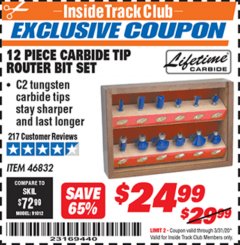 Harbor Freight ITC Coupon 12 PIECE CARBIDE TIP ROUTER BITS Lot No. 46832 Expired: 3/31/20 - $24.99