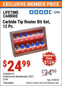 Harbor Freight ITC Coupon 12 PIECE CARBIDE TIP ROUTER BITS Lot No. 46832 Expired: 9/30/20 - $24.99
