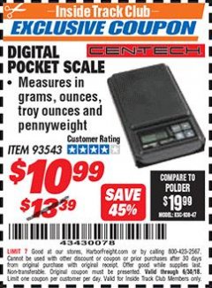Harbor Freight ITC Coupon 500 GRAM DIGITAL POCKET SCALE Lot No. 93543 Expired: 6/30/18 - $10.99