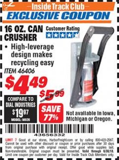 Harbor Freight ITC Coupon 16 OZ. CAN CRUSHER Lot No. 46406 Expired: 6/30/18 - $4.49