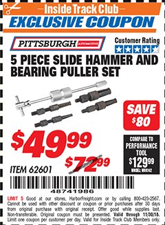 Harbor Freight ITC Coupon 5 PIECE SLIDE HAMMER AND BEARING PULLER SET Lot No. 62601/95987 Expired: 11/30/18 - $49.99