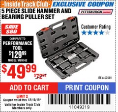 Harbor Freight ITC Coupon 5 PIECE SLIDE HAMMER AND BEARING PULLER SET Lot No. 62601/95987 Expired: 12/18/19 - $49.99
