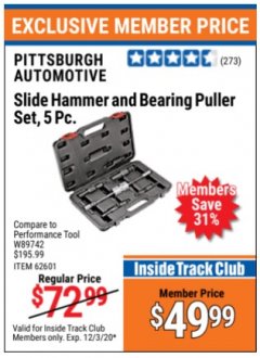 Harbor Freight ITC Coupon 5 PIECE SLIDE HAMMER AND BEARING PULLER SET Lot No. 62601/95987 Expired: 12/3/20 - $49.99