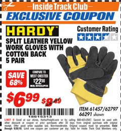 Harbor Freight ITC Coupon SPLIT LEATER WORK GLOVES WITH COTTON BACK Lot No. 61457/66291 Expired: 9/8/18 - $6.99